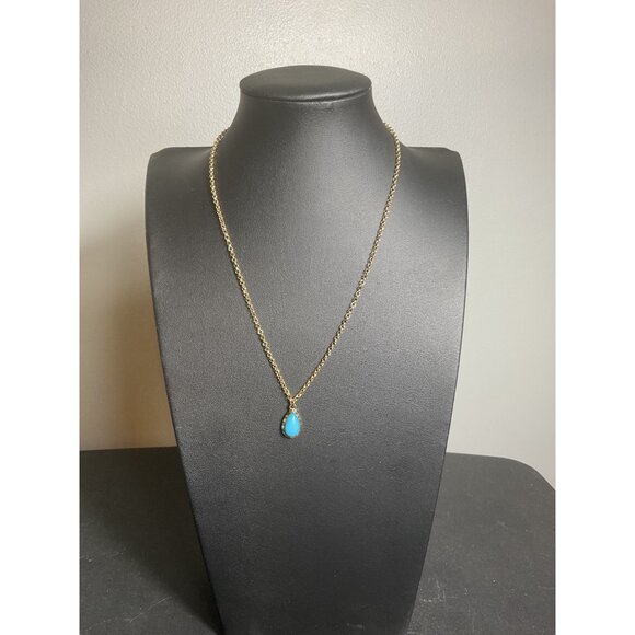 Gold Tone Chain Necklace With Turquoise Colored Teardrop Pendant - Picture 1 of 5